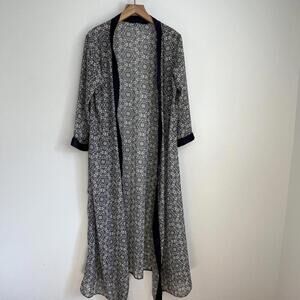 Vintage Women's One Size Blue Geometric Maxi Open Front Long Duster Cardigan